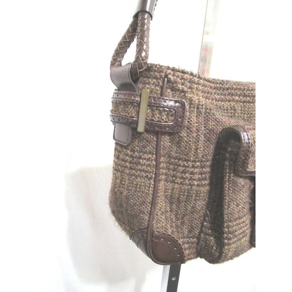 Eddie Bauer Medium Size Brown Plaid Tweed & Leather Shoulder Handbag - Picture 4 of 10